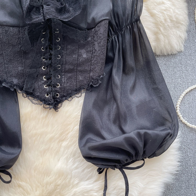 French court-style lantern long-sleeved shirt for women, fashionable high-end chiffon shirt, sweet lace patchwork mesh top, trendy pic 6