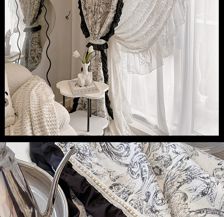 Finished product of French retro Chenille jacquard black and white American Rococo lace blackout bedroom and living room bay window pic 26