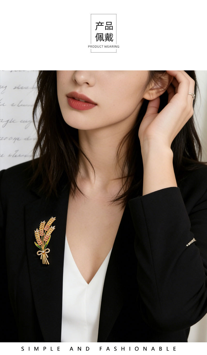 Original design, high-end sense, wheat ear brooch, copper alloy, real gold electroplating, micro-inlaid with zirconium oil, exquisite brooch and clothing pic 15