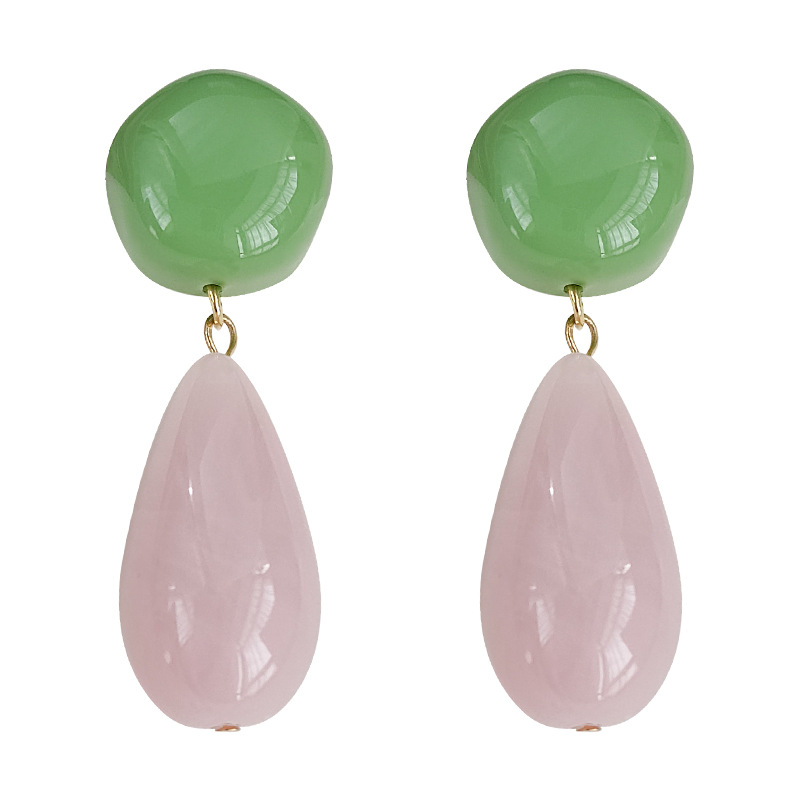 New Chinese-style teardrop-shaped color-blocking earrings, fresh peach pink and green, retro Hong Kong style, high-end, exaggerated large earrings for women pic 10