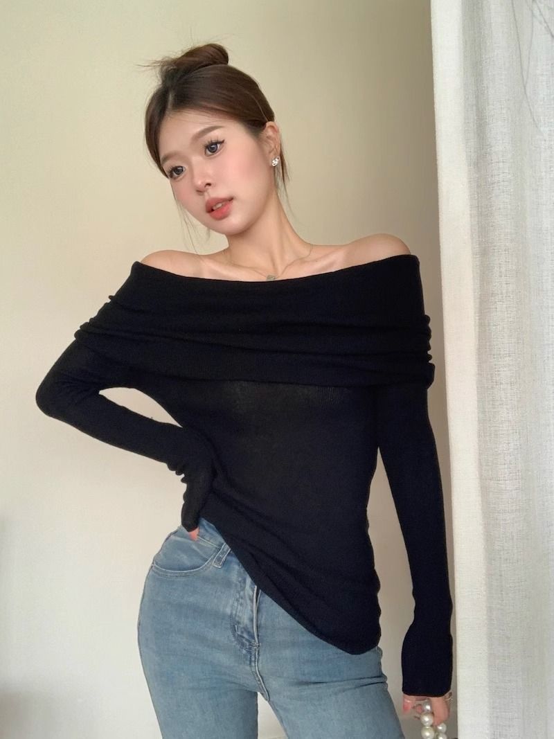 露肩一字肩上衣针织衫女秋装新款修身长袖红色漏肩黑色一字领毛衣详情27