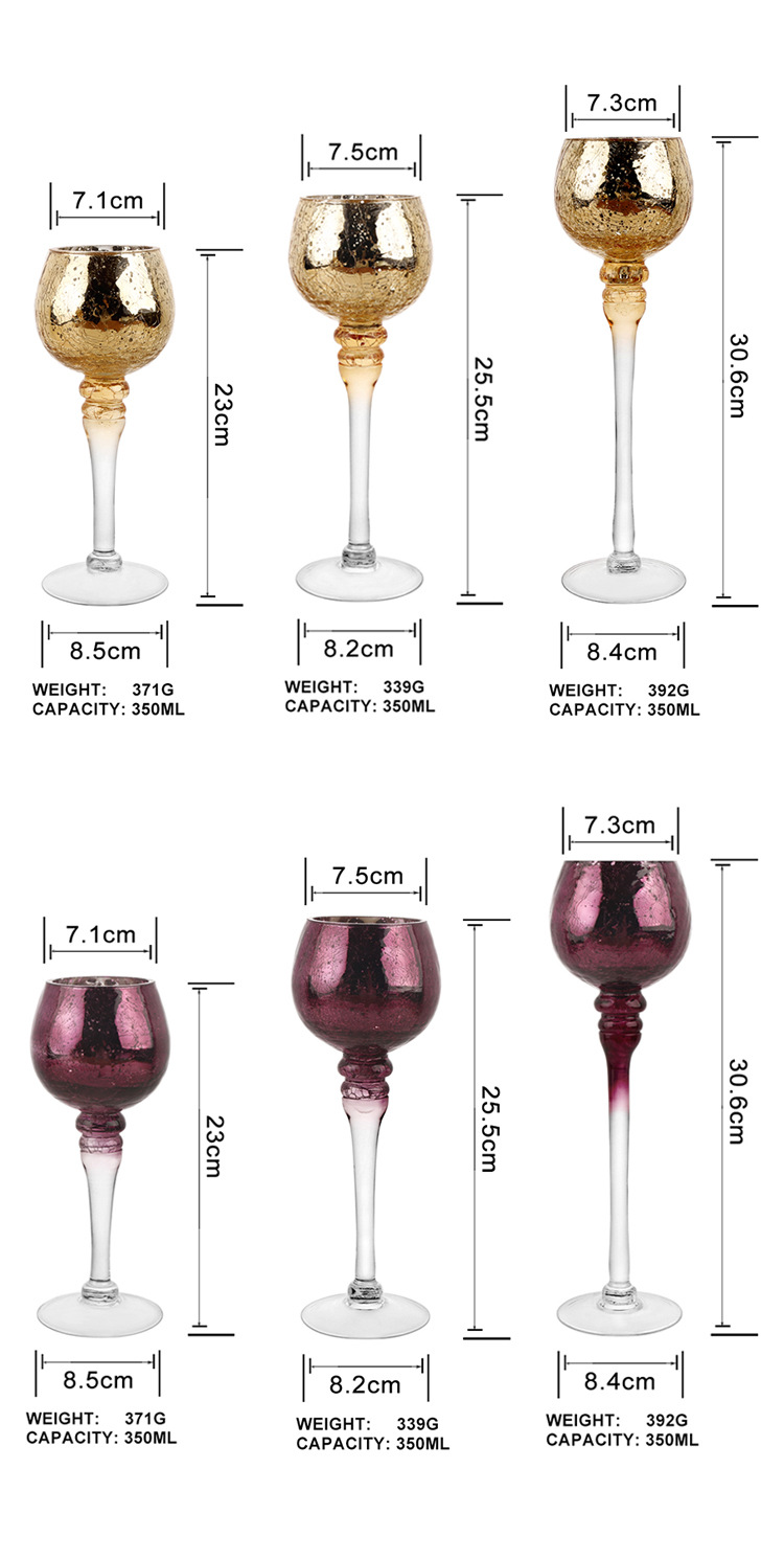 Electroplated broken gold glass candlesticks, hand-blown glass handicrafts in stock, three-piece set of European-style restaurant high-legged candlesticks pic 4