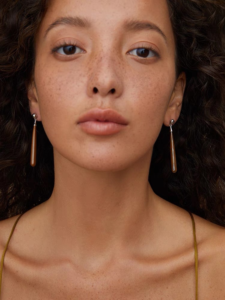 秋冬新款木纹石白贝母Teardrop耳环气质轻奢显脸瘦长款泪滴耳坠详情2