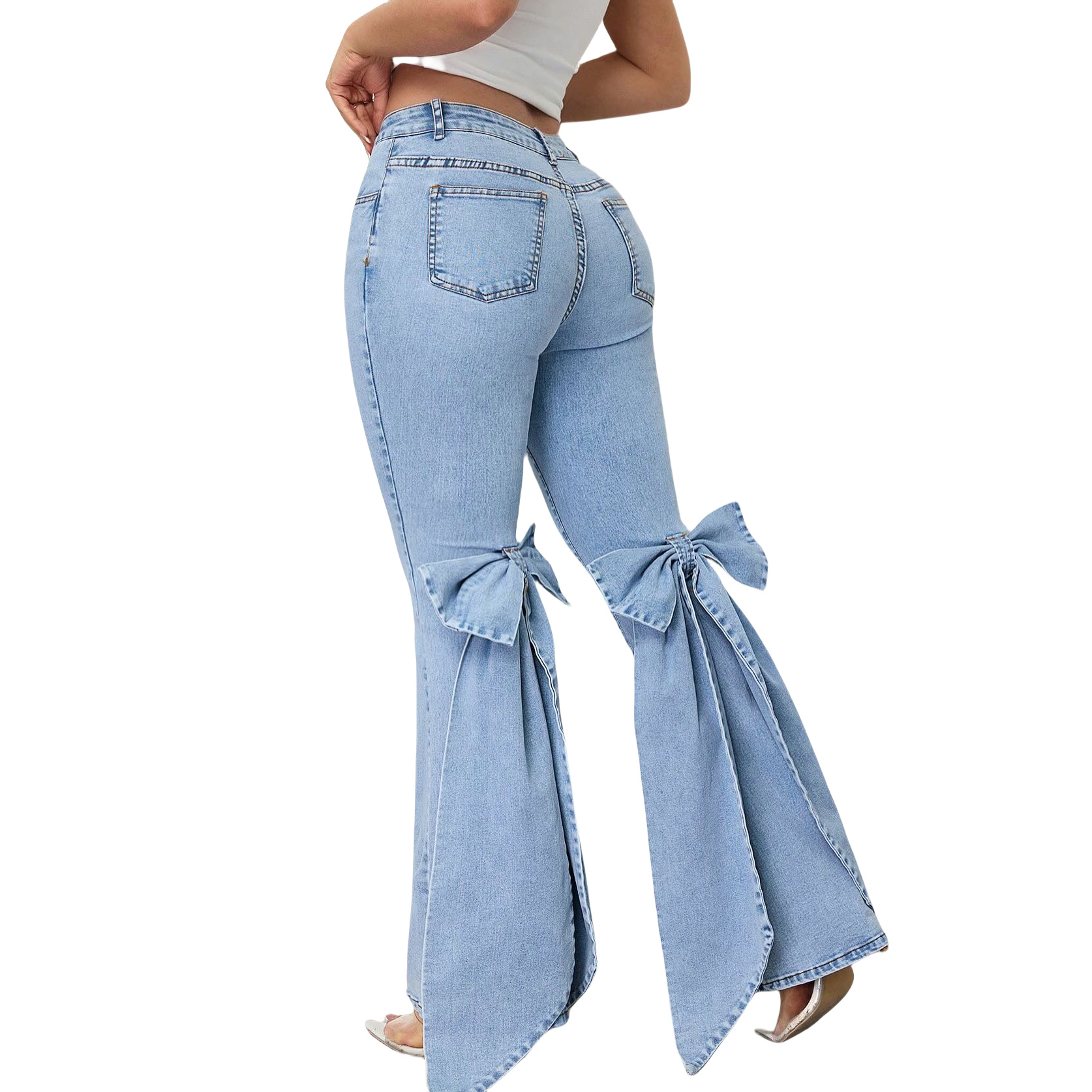 Europa y ee. Uu. Cross-border independence station trabajo para mujeres jeans cintura alta estiramiento arco decorativo pantalones de trompa pic 7