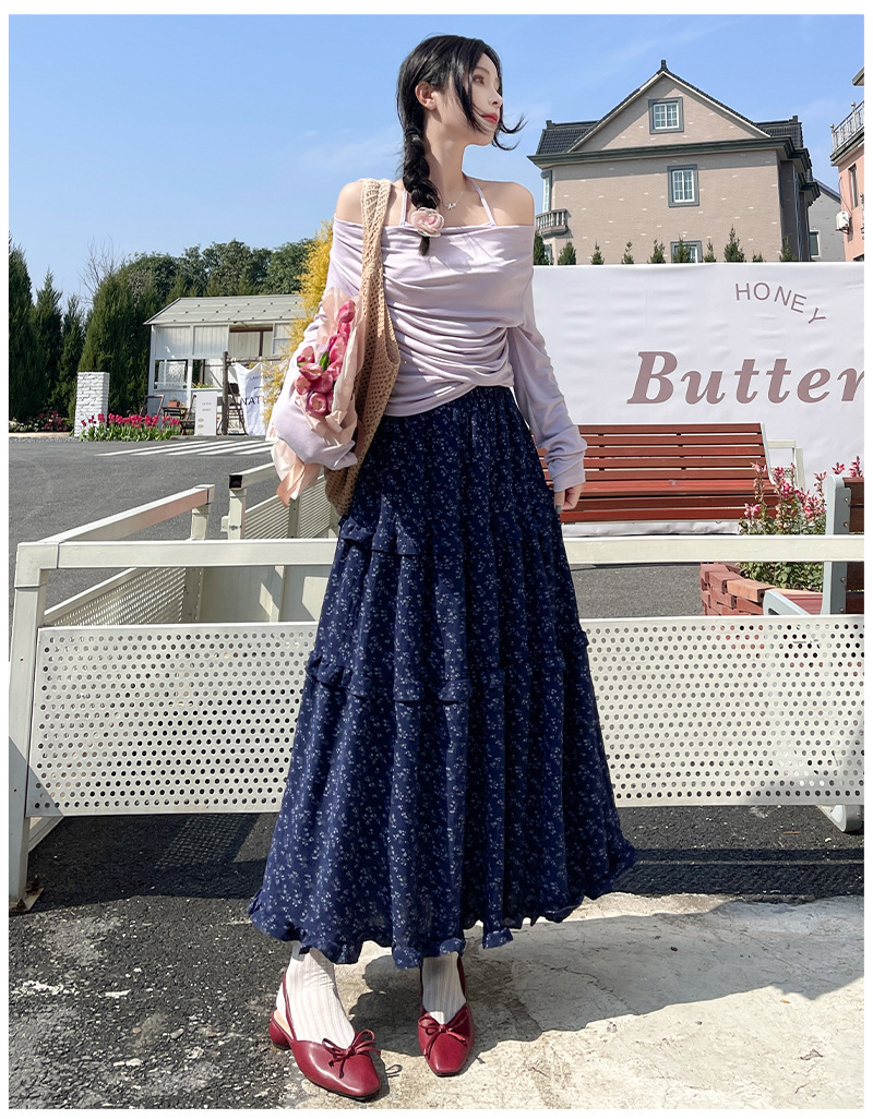 半身裙女春秋冬新款韩式复古蓝色碎花闲慵懒风长裙子高腰 a字裙休详情28