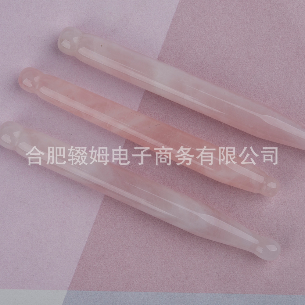 批发外贸天然粉晶玉石按摩器脸部面部刮板质感温润手工打磨穴位笔详情15