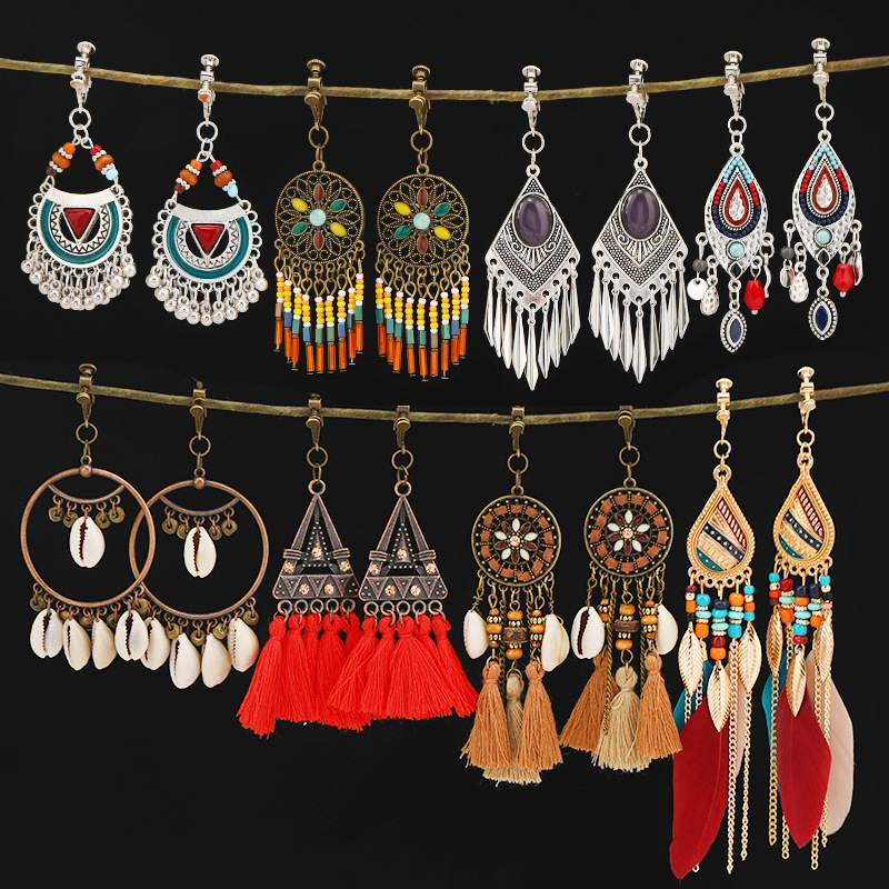 螺旋无痛耳夹女民族风复古长款流苏耳坠波西米亚耳环无耳洞耳饰品详情1