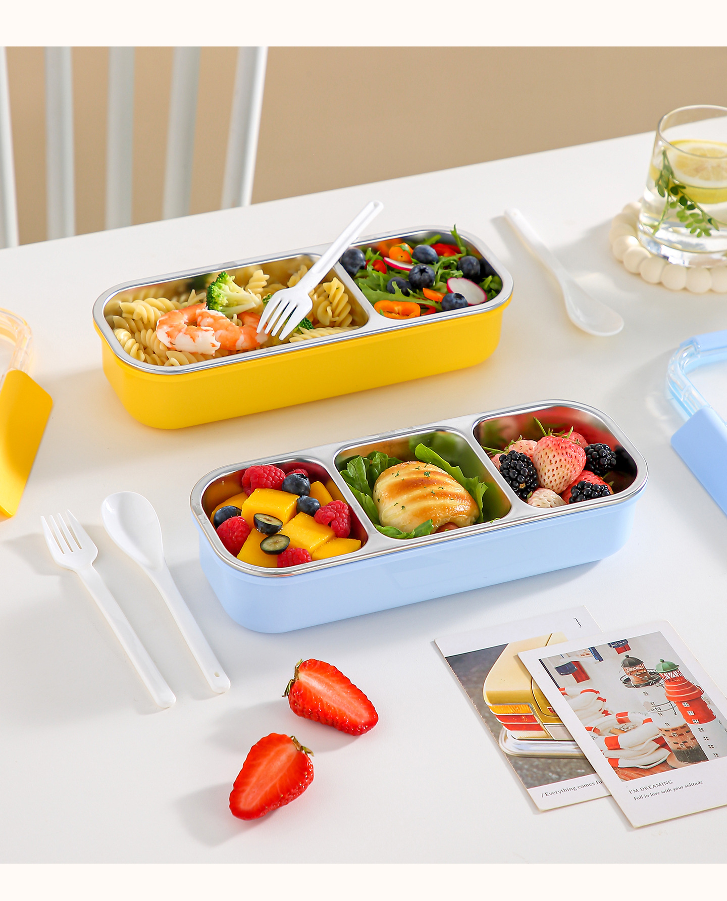 The high-quality macaron-colored 304 stainless steel lunch box with compartments is a portable lunch box for office workers and students to bring their own meals pic 12