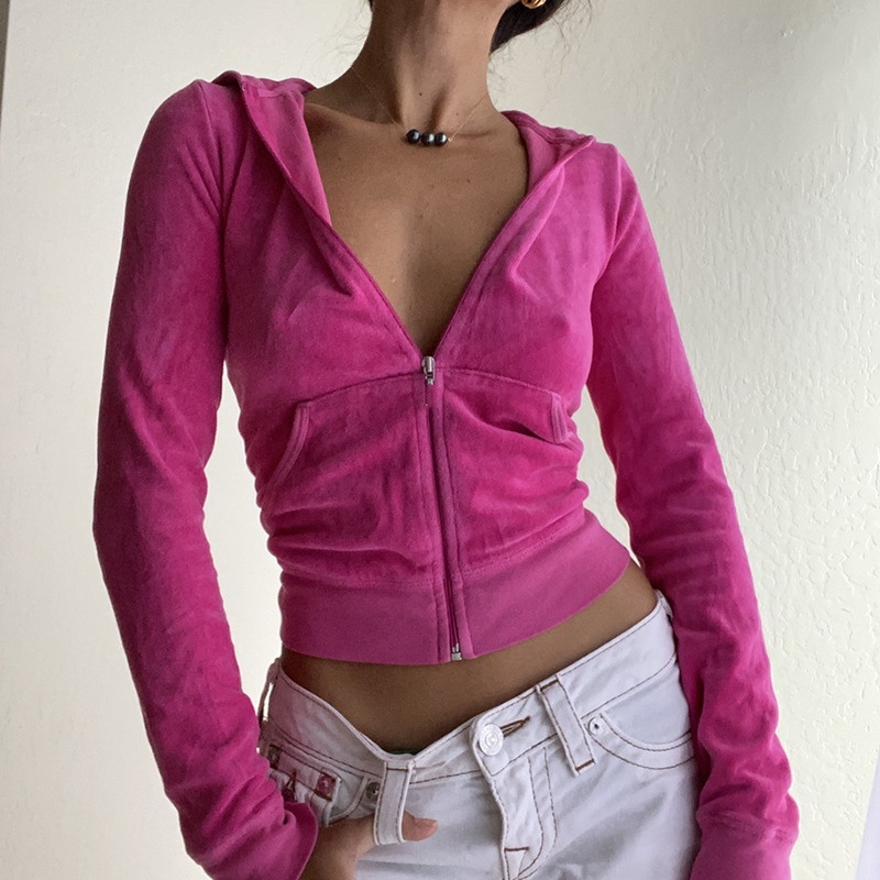 Solid color velvet slim sports suit zipper hood pic 14