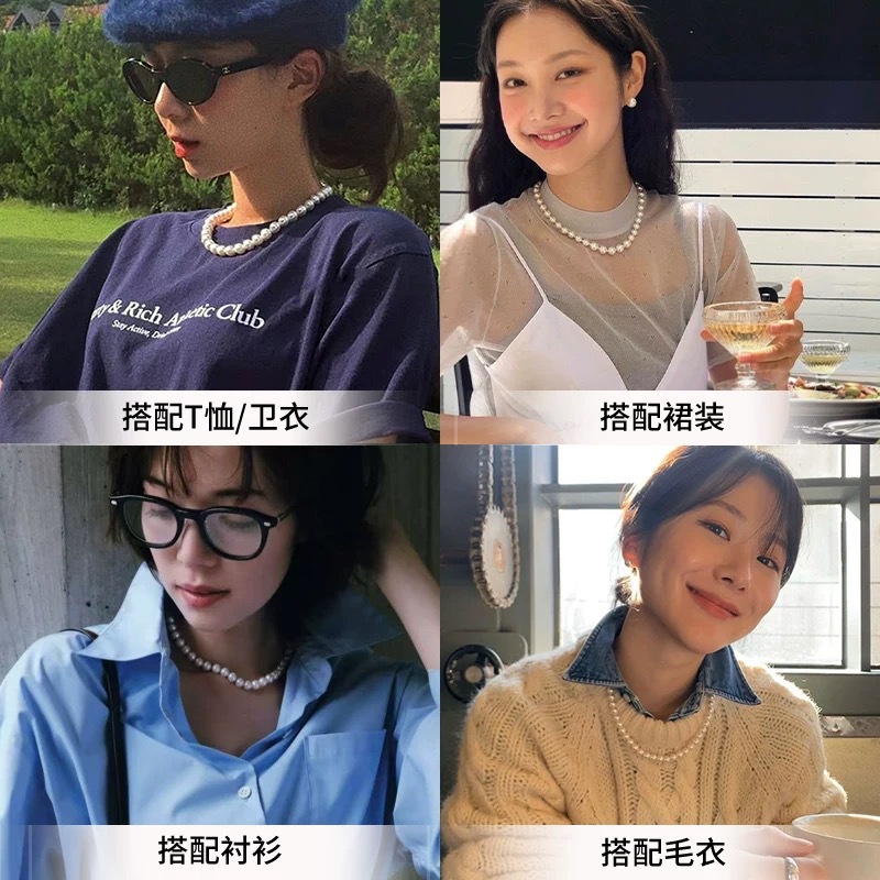 A级玻璃珠施家珍珠项链网红风高级感小米珠锁骨链百搭元宝扣颈链详情4