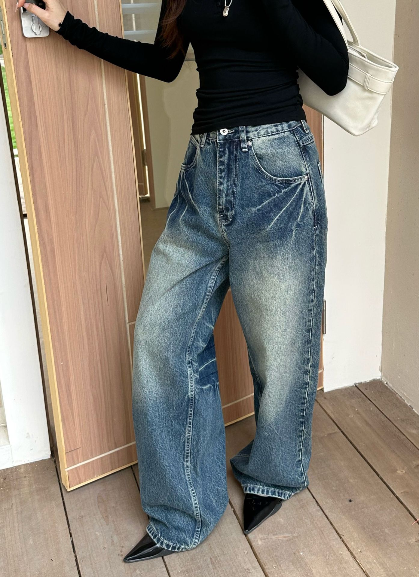 陆晟闪电纹做旧阔腿牛仔裤男女潮流美式复古水洗街头风休闲裤子潮详情11