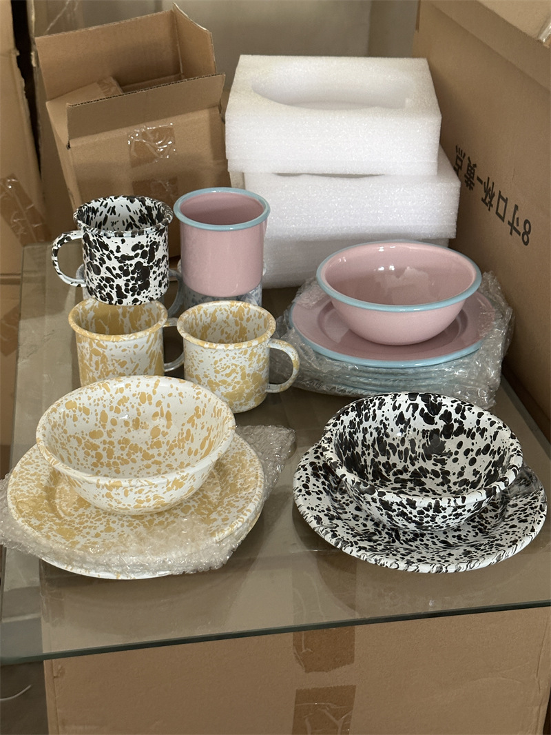 韩国ins同款复古泼墨搪瓷餐具套装搪瓷碗马克杯盘详情3