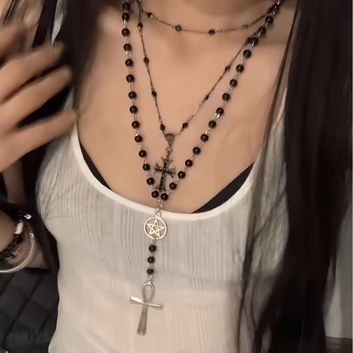 Cool and retro dark cross beaded necklace, a niche long subculture hot girl beaded high-end sweater chain pic 3