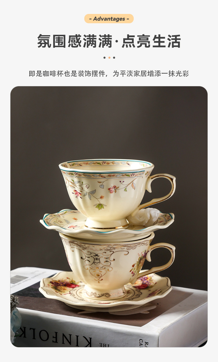 European-style gold-edge flower coffee cups and saucers, retro country-style flower vine ceramic cups and saucers, light luxury lace afternoon tea cups and saucers pic 11