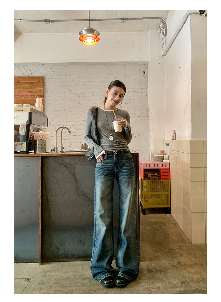 【今茵】新款美式复古水洗做旧中低腰无弹微宽松喇叭拖地牛仔裤女详情18