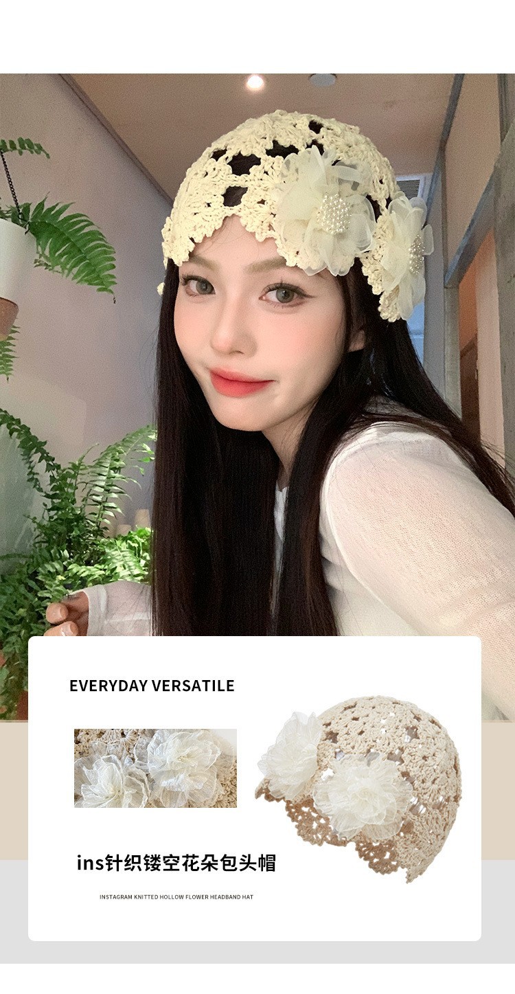 Summer thin Korean-style hollowed-out pearl flower hand-knitted headpiece hat for women, sweet, cute, fashionable and niche hat pic 8
