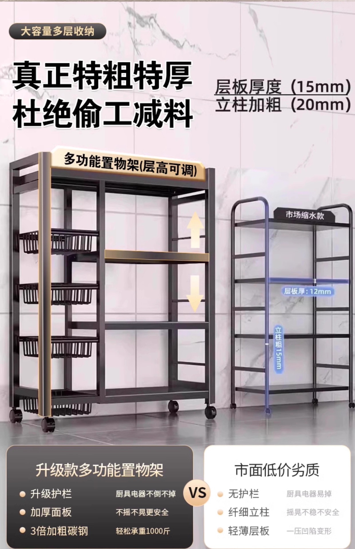 厂家定制多功能免打孔储物架落地多层蔬菜收纳架子厨房架子置物架详情9