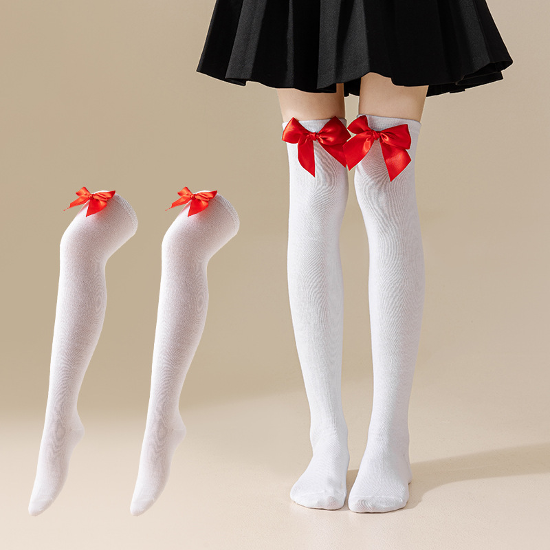 New European and American Halloween and Christmas knee-high socks, single-color striped thigh-high socks with bows, available in multiple colors pic 5