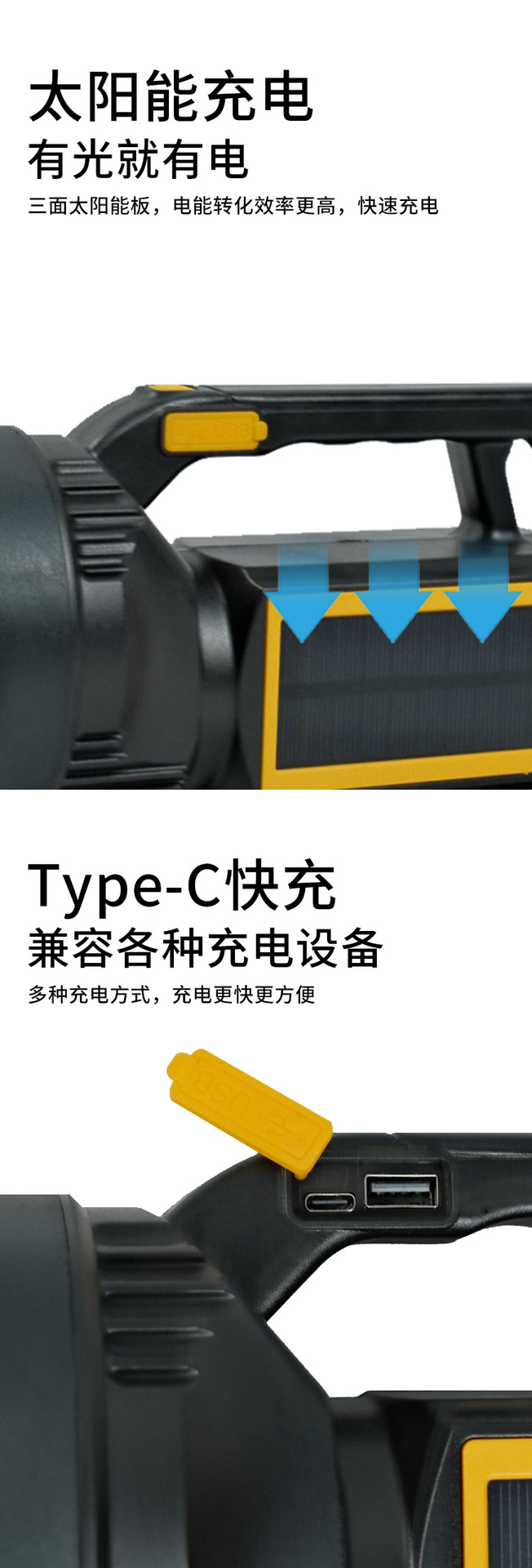 太阳能手提灯W5192充电超亮户外照明家用便携探照灯巡逻矿灯详情4
