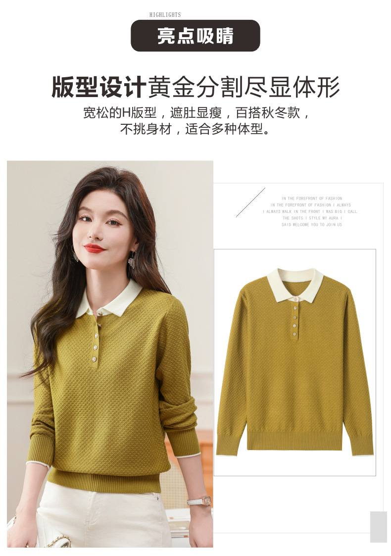 2024新款翻领含羊毛女士针织衫套头衫春秋韩版时尚气质上衣打底衫详情4