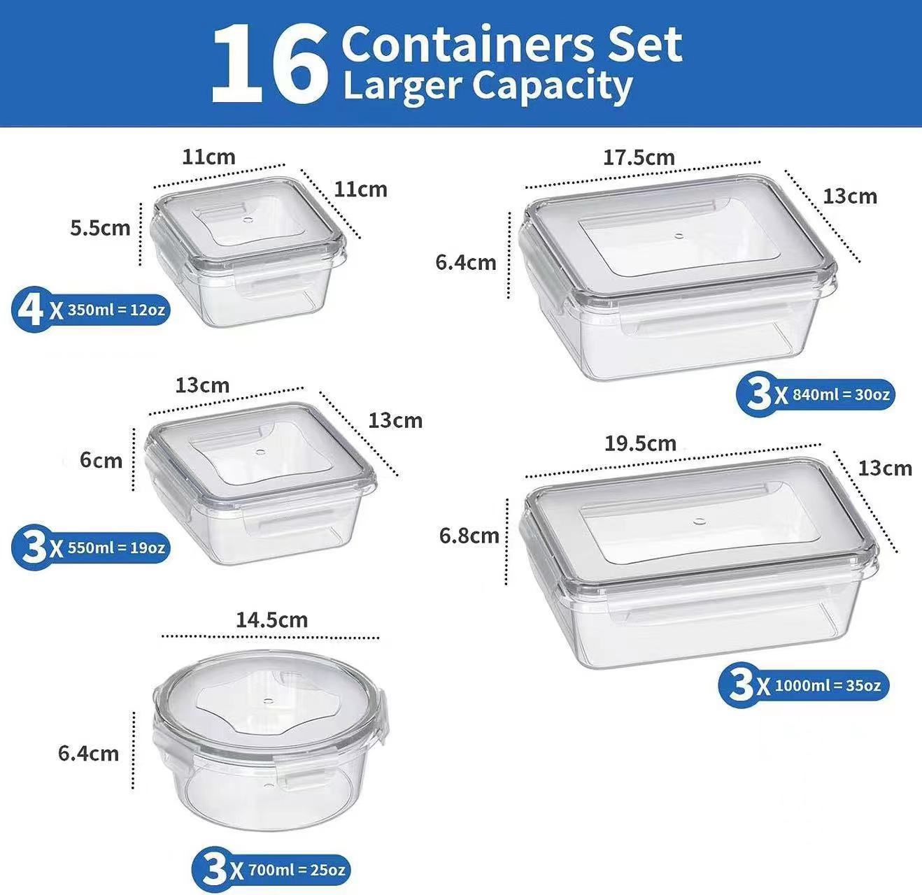 16-piece lunch box set, Model A PP sealed can, food-grade plastic storage can for grains, snacks, dry goods and tea pic 2