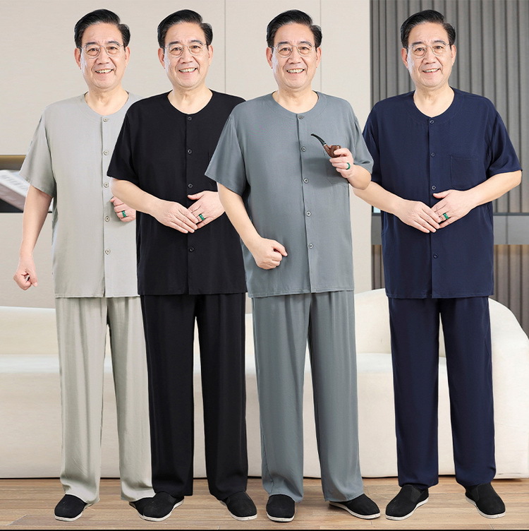 中老年棉绸男士开衫爷爷居家服套装唐装短袖长裤睡衣休闲爸爸装夏详情6
