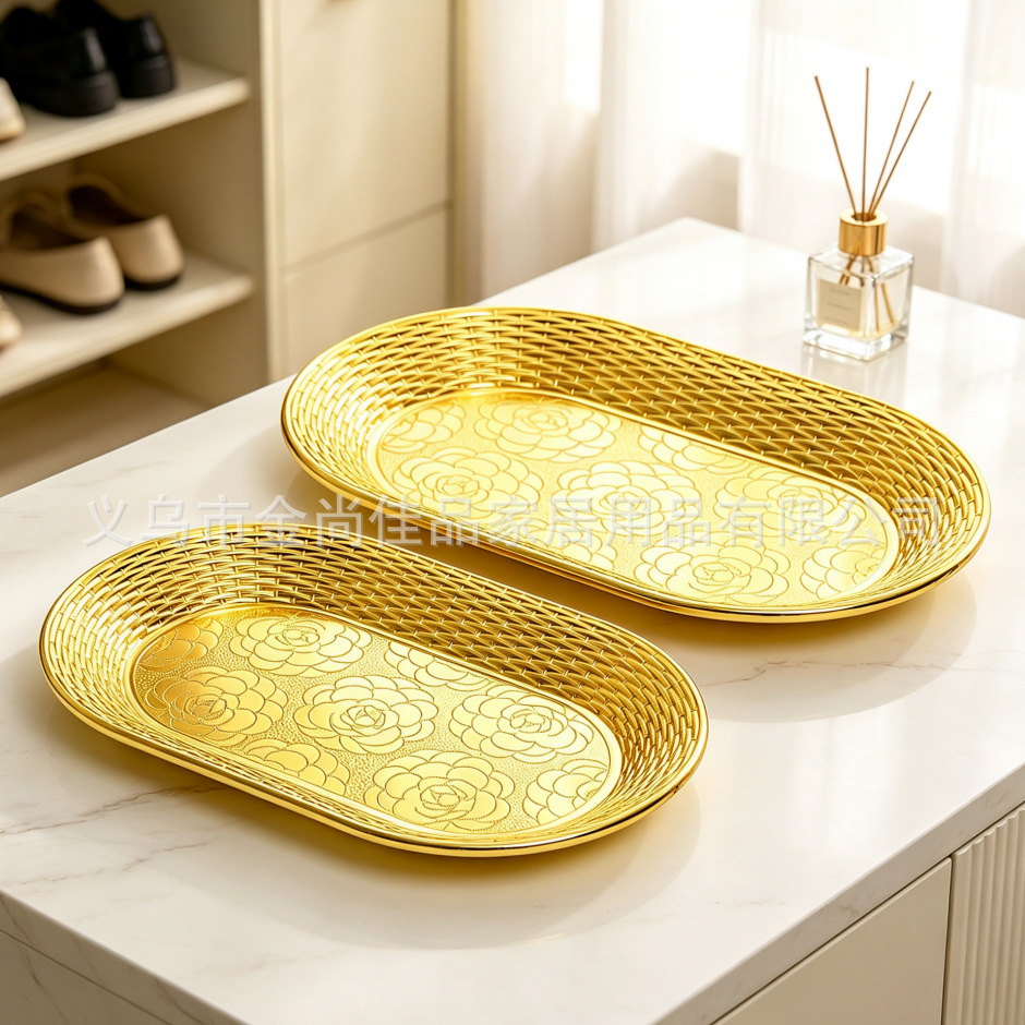 Light luxury golden plating disk, rose woven pattern fruit plate, household living room tea and snack plate wholesale pic 7