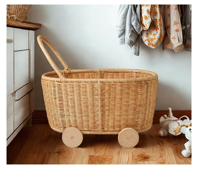 Rattan toy storage basket for children aged 3-6, playing house, rattan trolley, hand-woven storage basket pic 17