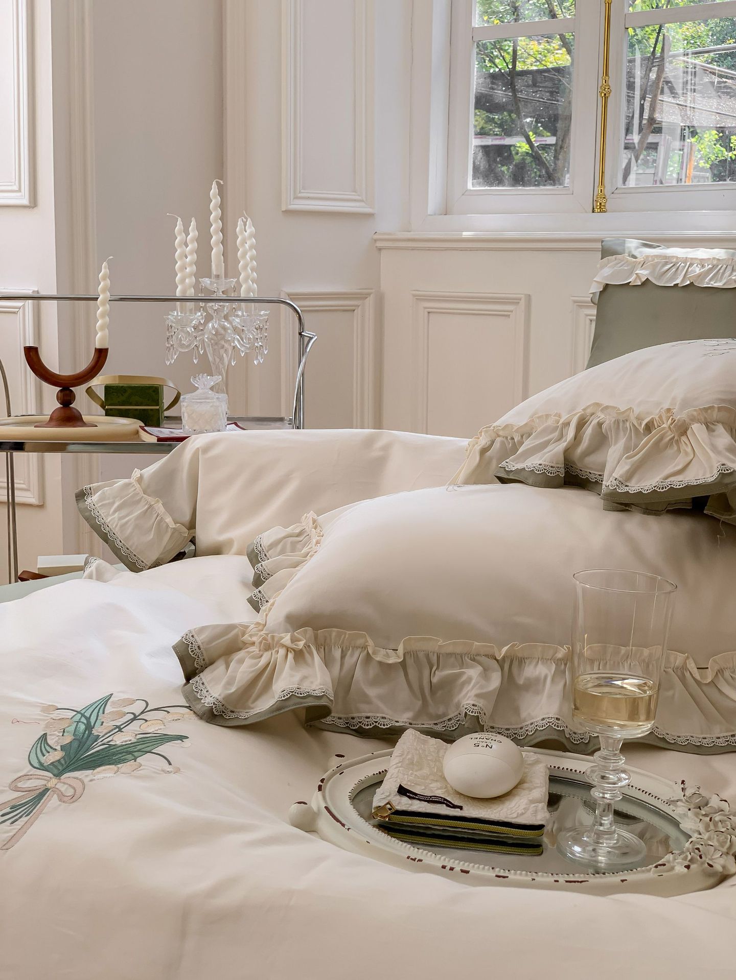 Classical embroidery double-piece natural color fabric with ruffled edges and rounded corners, 100S Australian cotton double-strand Gongbrocade, long-staple cotton four-piece set pic 7