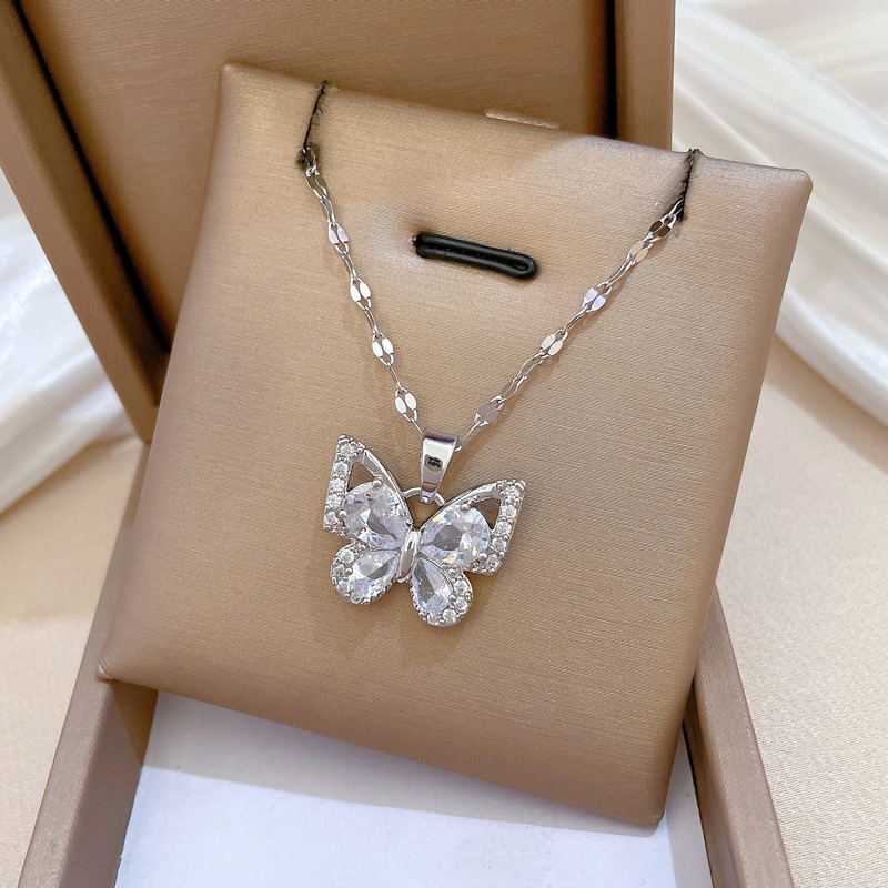 【钛钢】锆石蝴蝶项链耳环套装轻奢微镶个性气质宴会耳饰项饰组合详情11