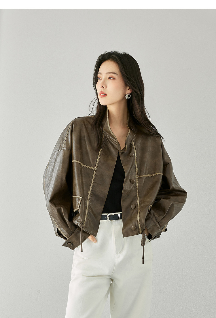 对白气质立领短款风衣外套女2024秋装新款抽绳高级感通勤皮衣夹克详情4
