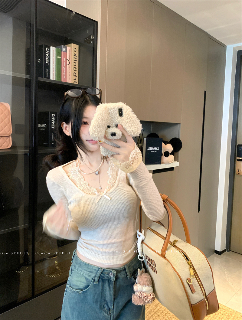 6035#复古蕾丝拼接针织衫新款修身显瘦纯欲风内搭打底长袖上衣女详情14