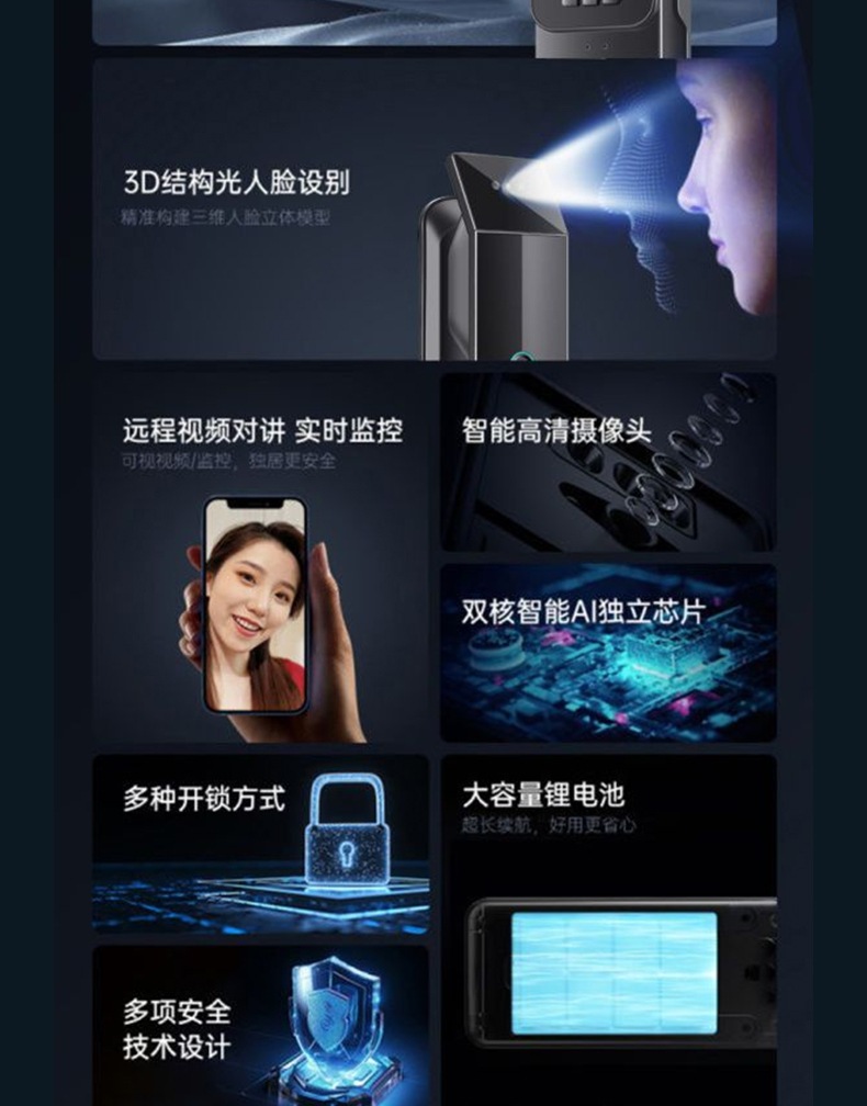 Black smart door lock, 3D facial recognition screen, digital keyboard, fingerprint recognition, C-level lock core, electronic doorbell pic 3