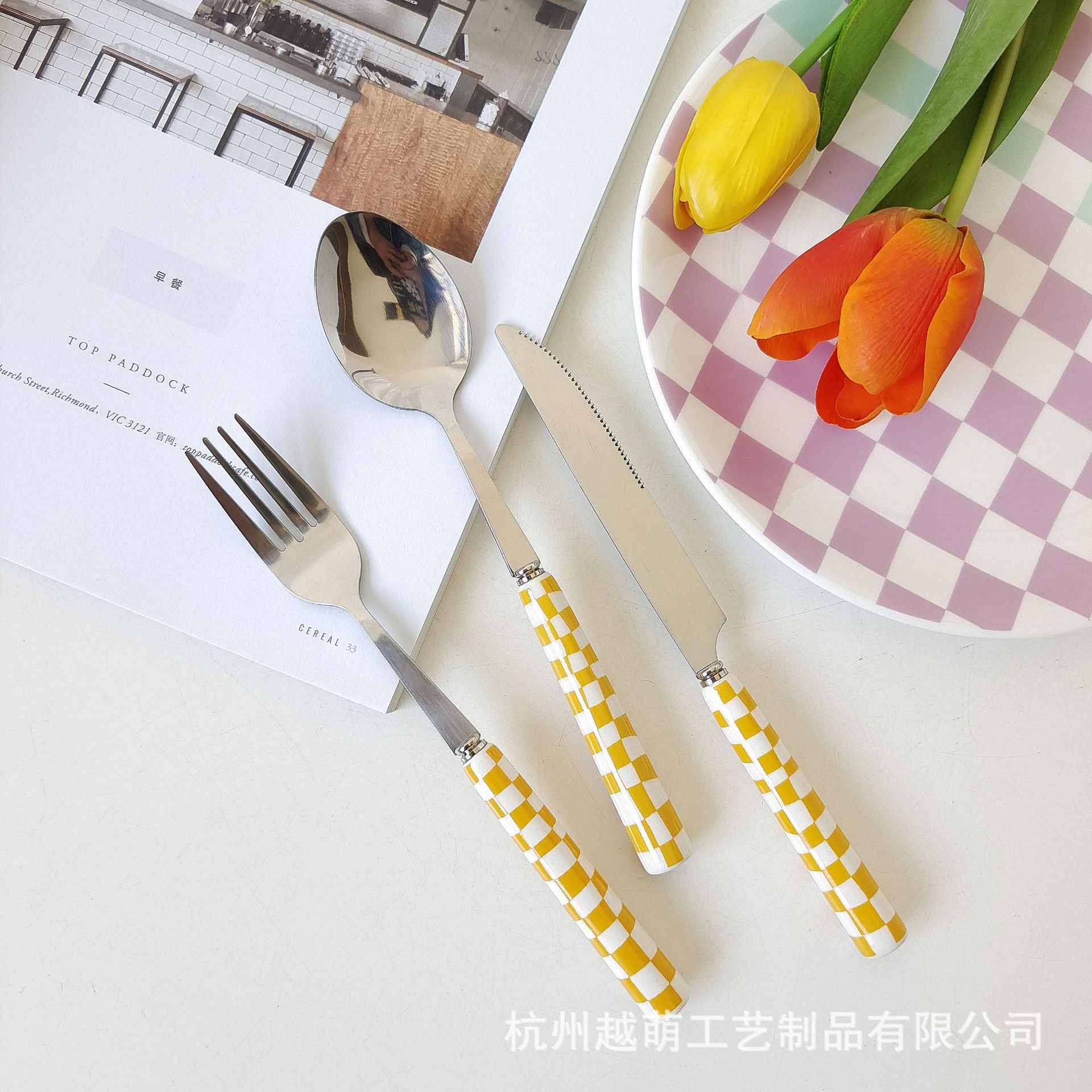 ins风博主同款日韩棋盘格刀叉勺子西餐甜品餐具套装牛排刀不锈钢详情4