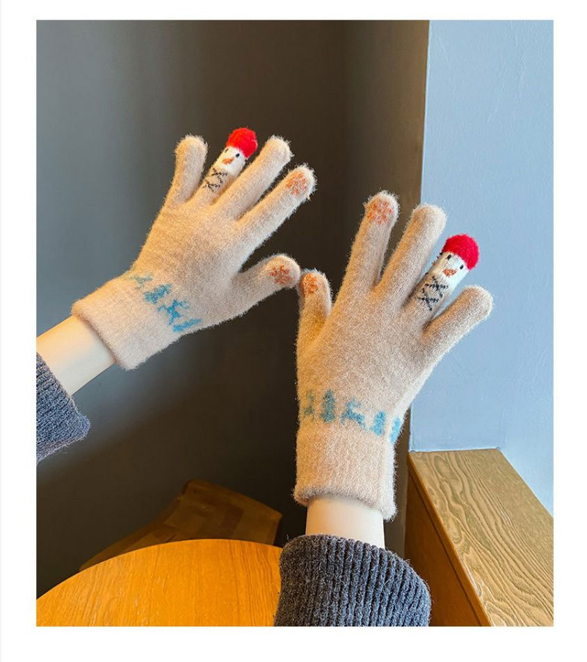 毛线手套女冬季可爱雪人针织可触屏加厚保暖骑行车五指冬天防寒棉详情2