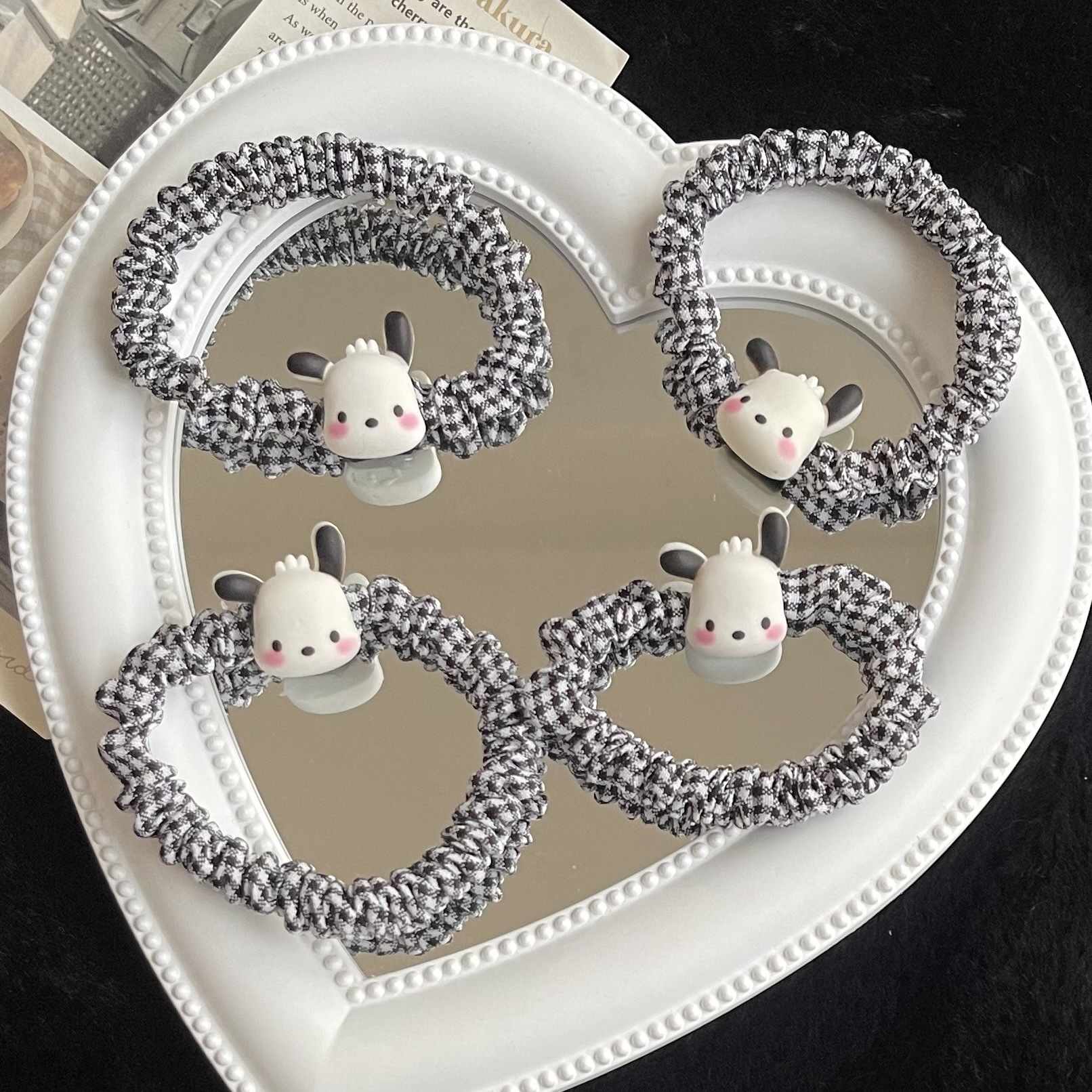 Cute Pacha dog black and white checkered hair band on Instagram, cute student headband, simple Japanese and Korean tied hair, large intestine hair band pic 5