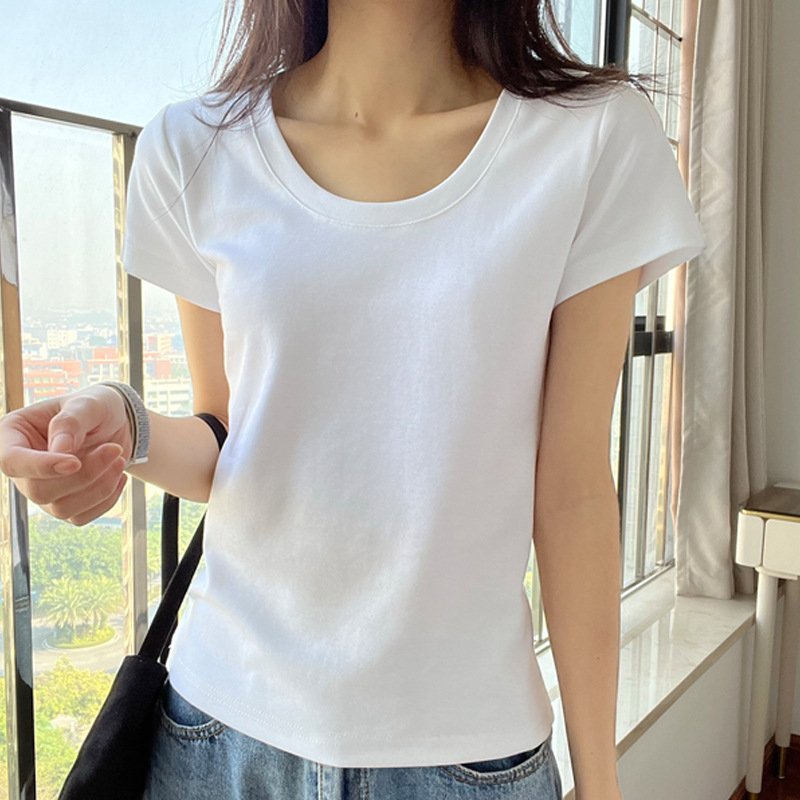 【高品质纯棉】u领收腰正肩显瘦大领口修身短袖T恤女打底衫上衣夏详情17