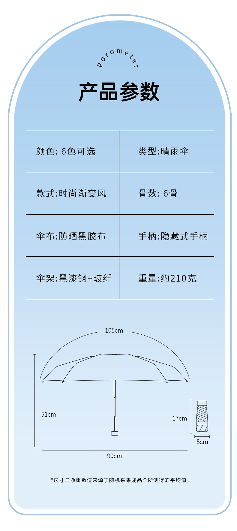 新款五折六骨手开黑胶面料遮阳伞伸缩手柄渐变色晴雨两用一件代发详情29
