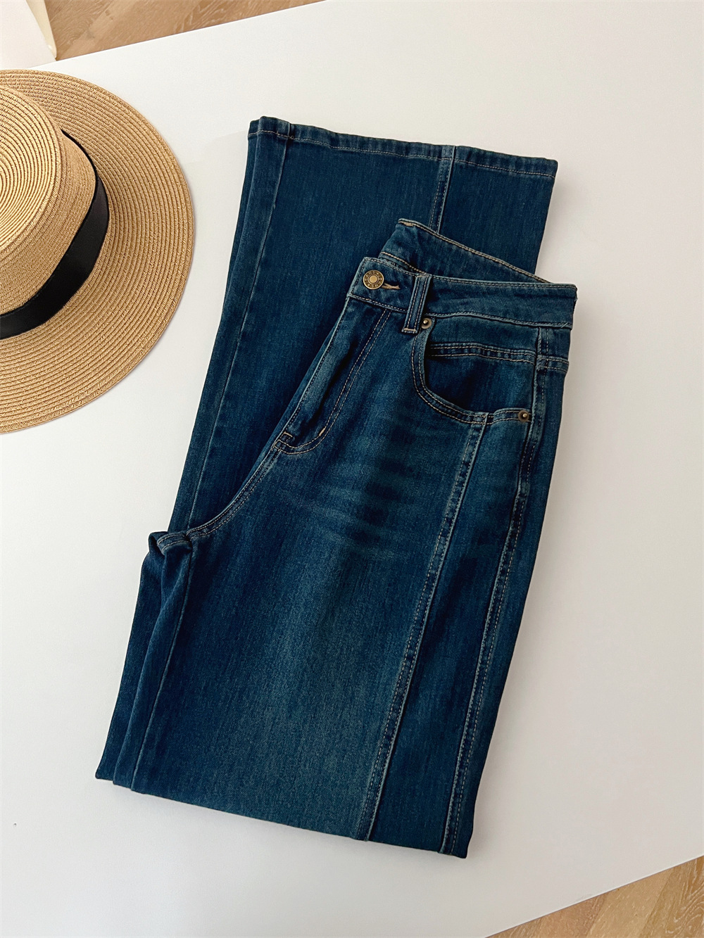 复古时髦高腰斜裁宽松显瘦百搭弹力直筒宽松微喇叭牛仔裤G031612详情16