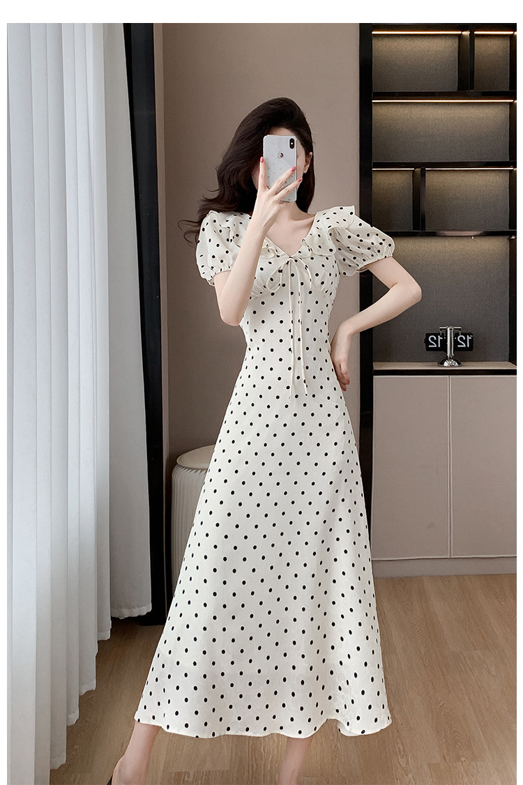High-quality summer Korean-style sweet and slimming dress with lotus leaf collar, waist-cinching tie, puffed sleeves and jacquard polka dot pic 14