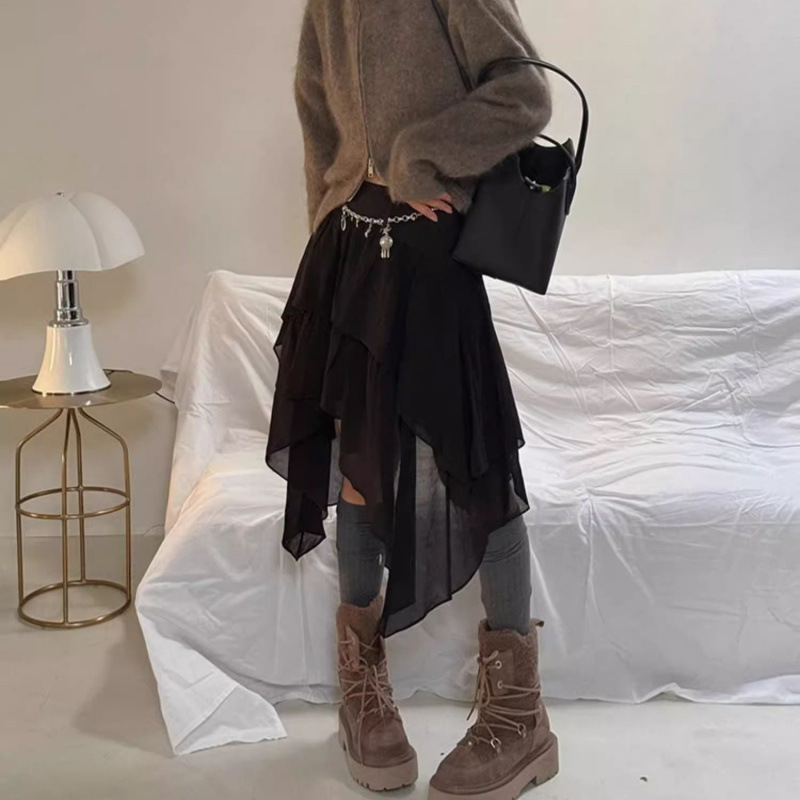 This French retro design irregular skirt is a rare high-waisted, versatile mid-length skirt for women in spring and autumn pic 4