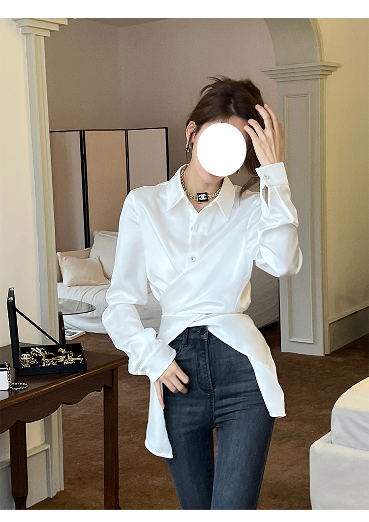 新款缎面白色两穿设计感小众收腰衬衣长袖衬衫女气质百搭上衣女详情4