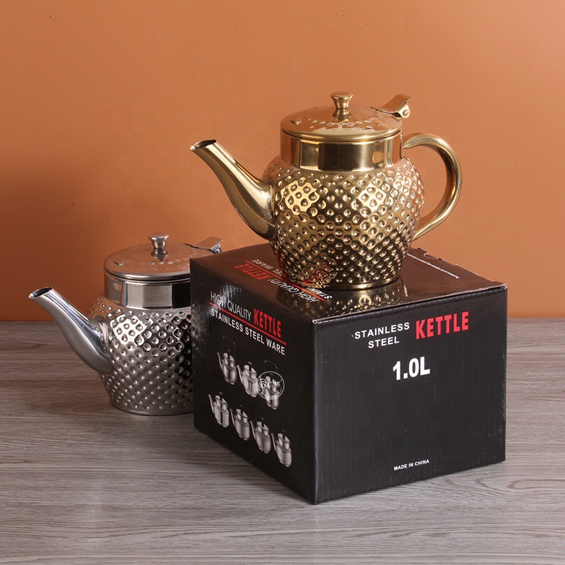 跨境不锈钢水壶安士咖啡壶无磁印度茶壶镀金锤纹带滤油网详情5
