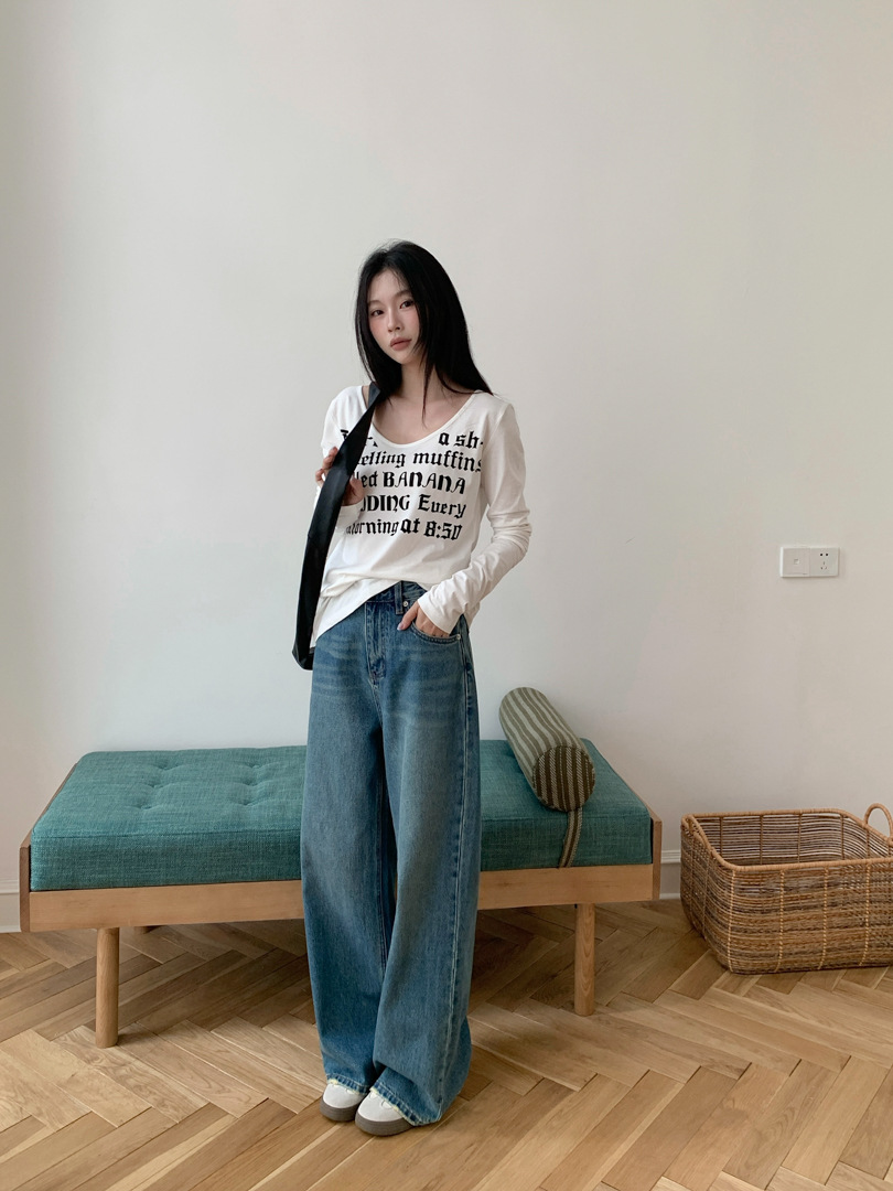 GAGD versatile retro distressed straight-leg jeans for women, pear-shaped high-waisted slimming loose jeans pic 8