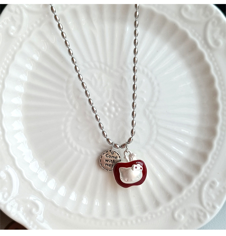 Sweet and cute early autumn niche fun Christmas glazed red apple HelloKitty pendant necklace accessory for women pic 6