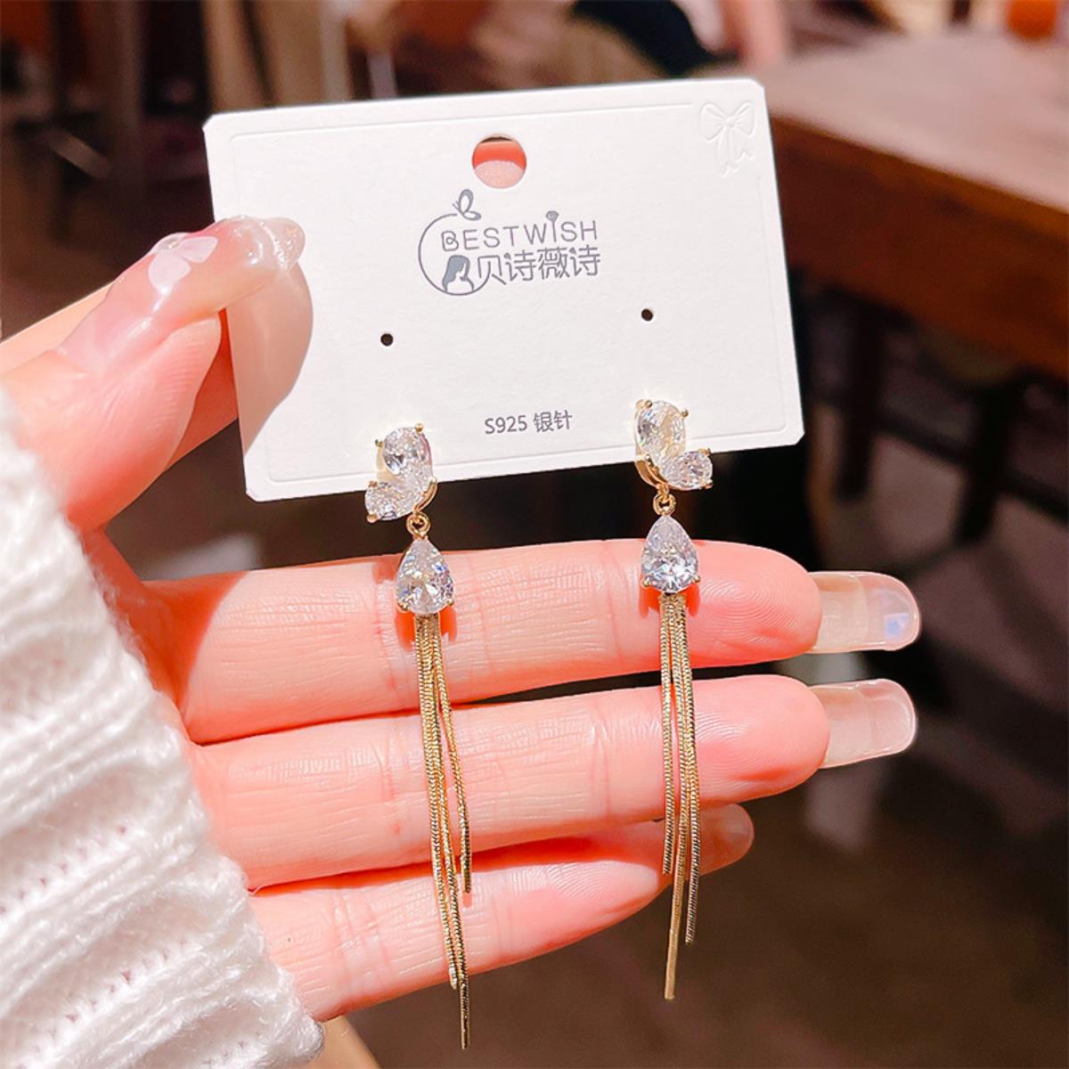 【流苏】精致超仙气质显脸瘦长款锆石耳环 银针韩版高级感耳钉饰详情25