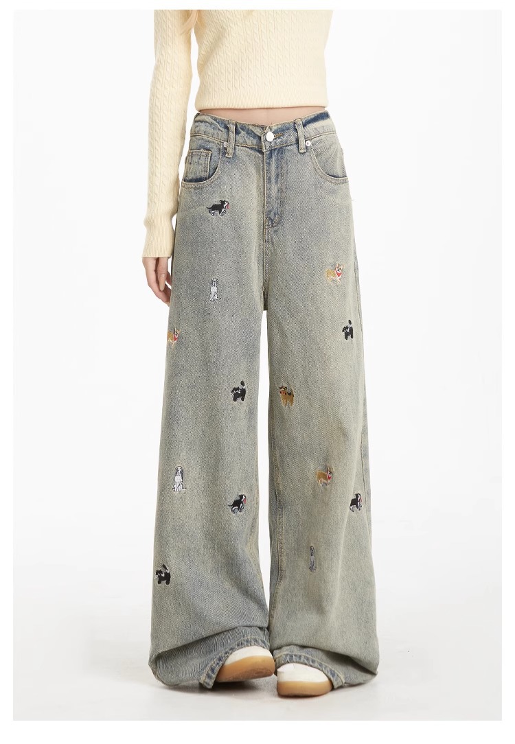 Light-colored high-waisted straight-leg jeans for women, 2025 new embroidered American retro washed wide-leg loose floor-length pants pic 13