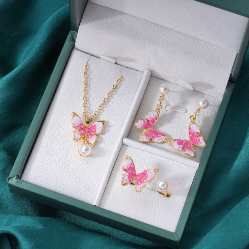 Pearl ring, earneedle pendant, three-piece set, empty stand, four-petal flower, white butterfly shell design, high-end DIY light luxury earrings pic 23