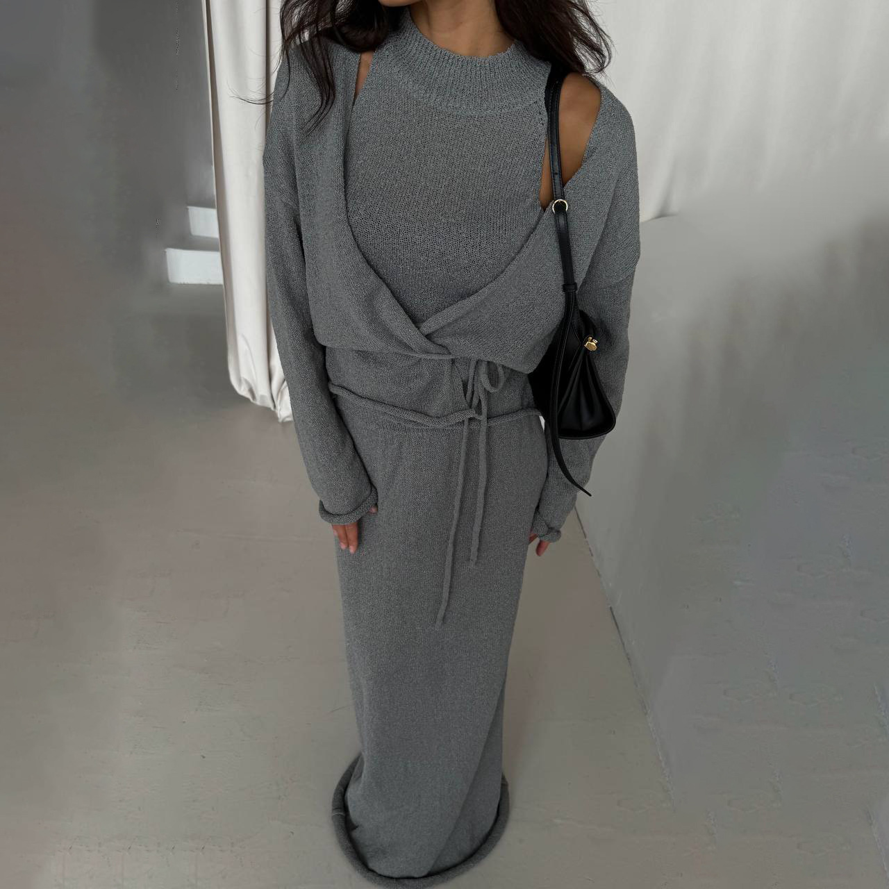 French-style laid-back lace-knit three-piece set, sleeveless slimming vest style, long-sleeved cardigan, hip-hugging, floor-length skirt pic 7