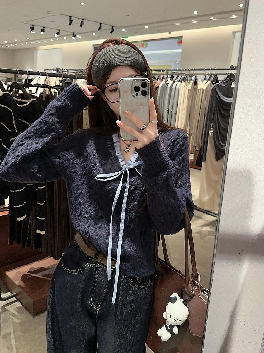 韩系学院风设计感假两件长袖毛衣针织衫女冬季蓝色温柔风修身上衣详情10